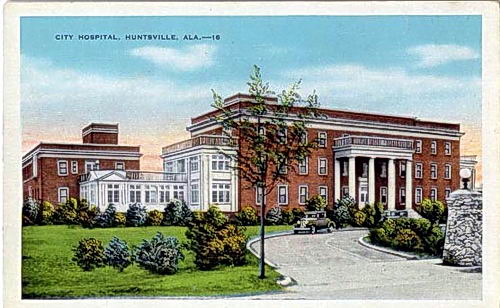 Huntsville, AL, city hospital on an old postcard.