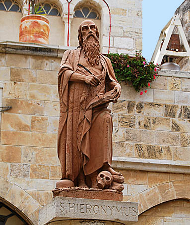 Statue of Jerome in front of St. Catherine's Church. Photo by Ferrell Jenkins.