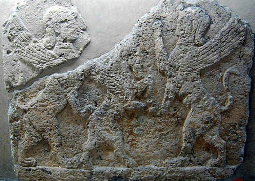 Human-headed sphinxs standing; winged horse standing. Photo by F. Jenkins.