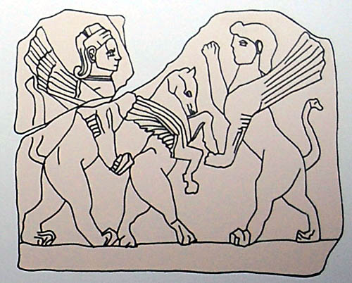 Drawing of the human-headed sphinx and standing horse.