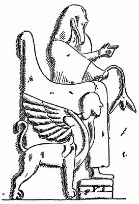 King Hiram of Byblus [Byblos] seated on his cherub-throne, tenth century B.C. Drawing by A. H. Detweiler.