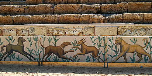 New paintings of the hippodrome mosaics. Photo by Ferrell Jenkins.