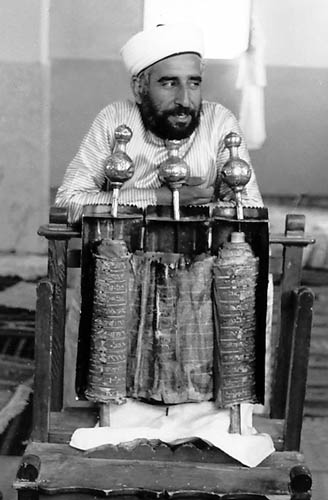 Samaritan Priest with Samaritan Pentateuch Scroll. Photo by Ferrell Jenkins.