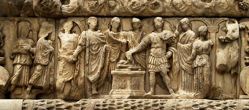 Sacrifice scene on the Arch of Galerius in Thessaloniki. Photo by Ferrell Jenkins.