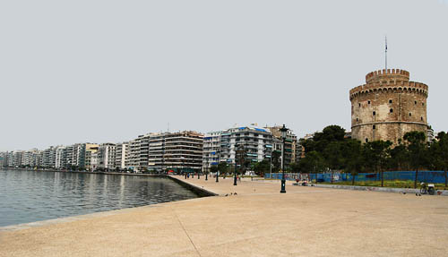 The waterfront of Thessalonica with the White Tower. Photo by Ferrell Jenkins.