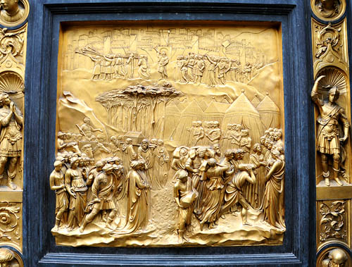 Baptistery panel showing capture of Jeriocho. Photo by Ferrell Jenkins.