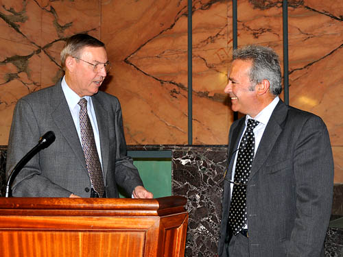 Ferrell Jenkins and Stefano Corazza visiting after the Sunday Sermon. Photo by C. West.