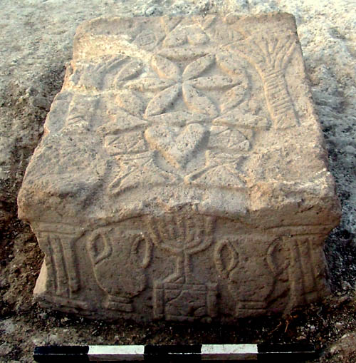 The decorated stone depicting . Phoo: Moshe Hartal, IAA.