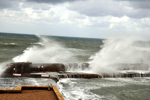Caesarea Maritima harbor with high waves