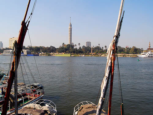 Nile River at Cairo. El Borg tower across river. Photo by Ferrell Jenkins.