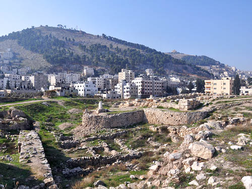 Ruins of Tell Balata (Shechem) below Mount Gerizim. Photo by Ferrell Jenkins.