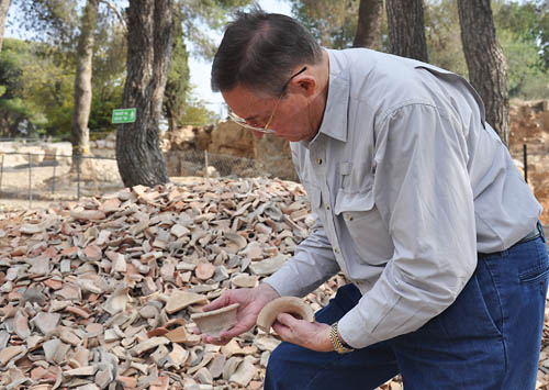 Looking through the pottery shards at Ramat Rachel.