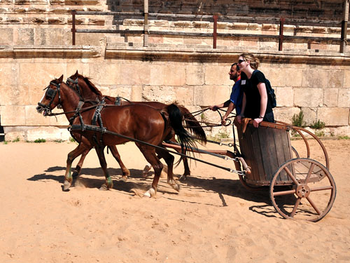 Erin gets a chariot ride at Jerash. Photo by Ferrell Jenkins.