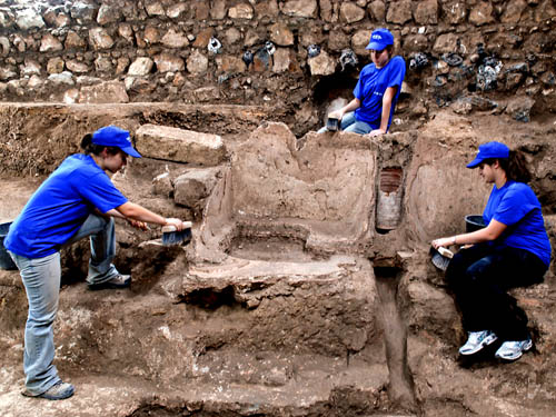 Three excavators working on the Roman bathhouse.