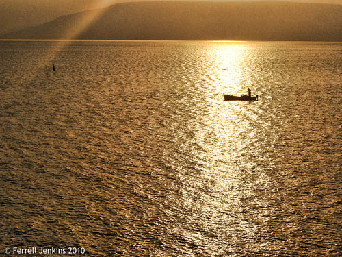 A lone fisherman on the Sea of Galilee at sunrise. View east. Photo by Ferrell Jenkins.