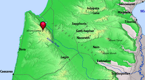 Map from BibleAtlas.org to show location of Mount Carmel.