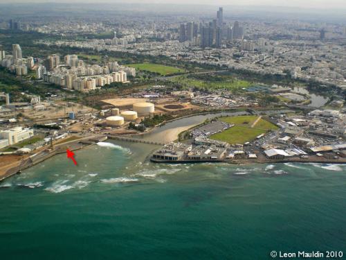 Yarkon_lmauldin_121509_800 Aerial view of mouth of the Yarkon River at Tel Aviv. Photo by Leon Mauldin.