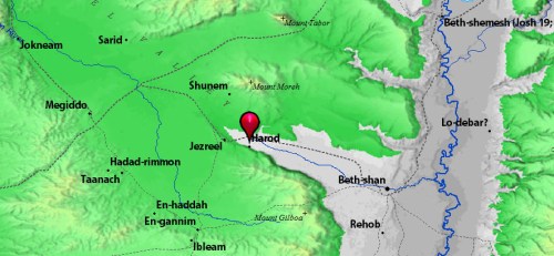 Map showing Ein Harod and Mount Moreh.