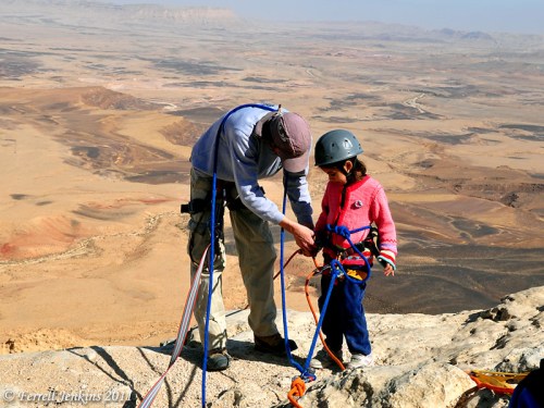 Young girl gets ready to rappel at Makhtesh Ramon Crater. Photo by Ferrell Jenkins.