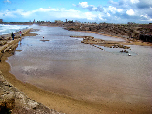 Caesarea Maritima Hippodrome standing in water. Photo by Leon Mauldin.