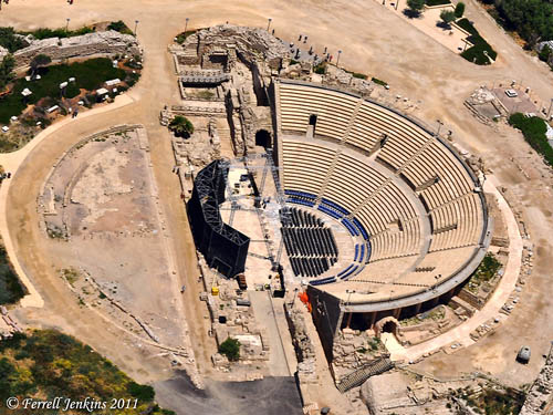 The theater at Caesarea Maritima. View is South (bottom) to North (top). Photo by Ferrell Jenkins.