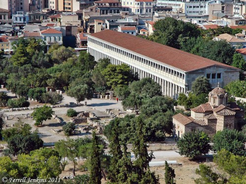 View from Mars Hill (Areopagus) of the agora and the Stoa of Attalus in Athens. Photo by Ferrell Jenkins.