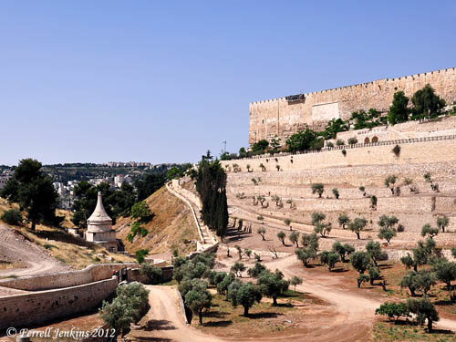 Kidron Valley View South. Absalom's Pillar on left. Wall of Jerusalem on right. Photo by Ferrell Jenkins.