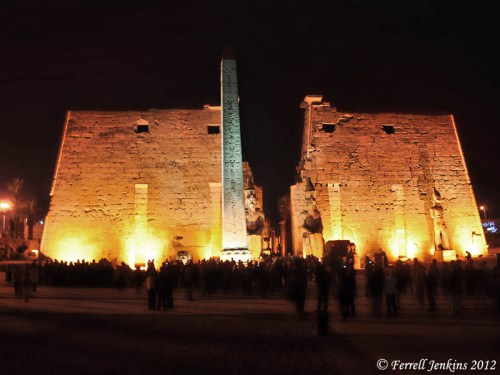 Luxor Temple facade at night. Photo by Ferrell Jenkins.