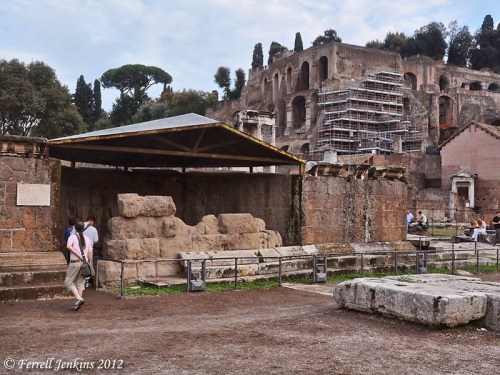 Ruins of the temple erected to Caesar in the Roman Forum. Photo by Ferrell Jenkins.