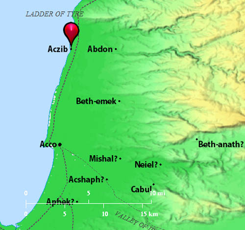 Aczib on the Mediterranean coast of Western Galilee. BibleAtlas.org.