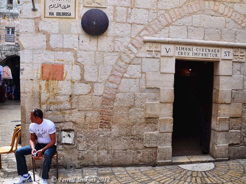 Via Dolorosa in Jerusalem. Station V. Simon of Cyrene is compelled to carry the cross of Jesus. Photo by Ferrell Jenkins.