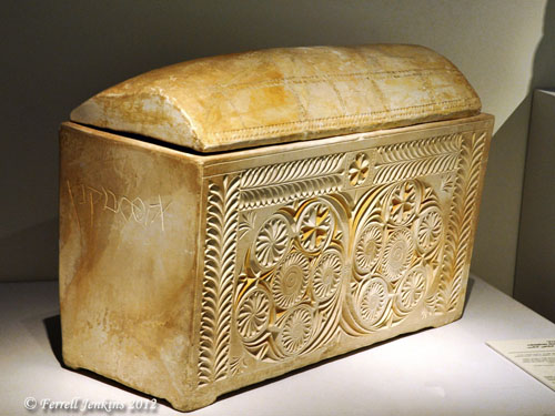 Caiaphas Ossuary - Israel Museum Decorated ossuary bearing the name of Caiaphas. Israel Museum. Photo by Ferrell Jenkins.