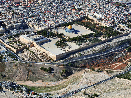Aerial view of the temple precinct from the time of Herod the Great. Today the area is occupied by Moslem shrines, Al Aksa Mosque and the Mosque of Omar (Dome of the Rock). Photo by Ferrell Jenkins.