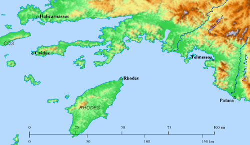 Map showing Cnidus, Rhodes, and Patara. Made with Bible Mapper 4.