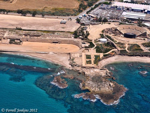 Aerial view of Caesarea theater, hippodrome, and Palace of the Procurators. Photo by Ferrell Jenkins.