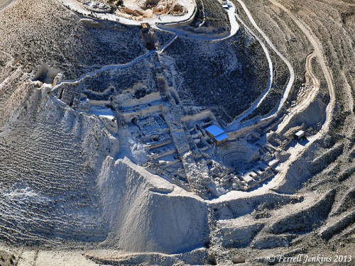 Aerial view of the Herodium with the area of Netzer's excavation visible.  Photo by Ferrell Jenkins.