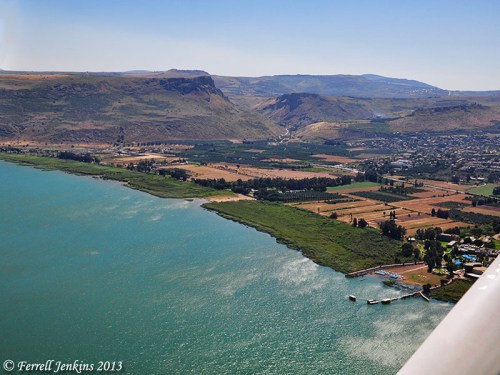 Aerial view of the Plain of Genessaret from Magdala on the south (left) to Nof Ginosaur on the north (right). Photo by Ferrell Jenkins.