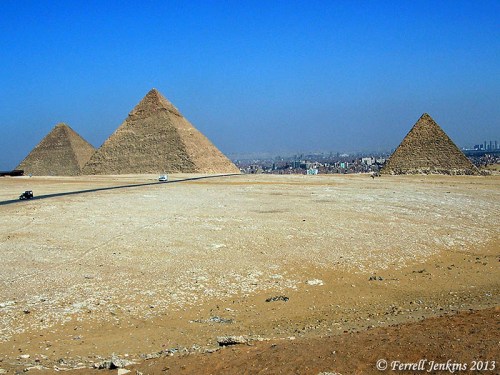 The pyramids of Giza" Cheolps, Chephren, and Mycerinus (left to right). Photo by Ferrell Jenkins.