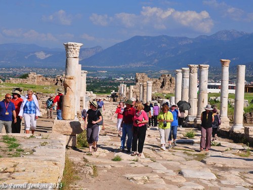 Tourists on the Syrian Street at Laodicea. Colossae is located at the foot of Mount Cadmus, seen in the distance to the east. Photo by Ferrell Jenkins.