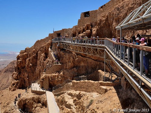 After a cable-car ride, or by walking the snake path for about an hour one reaches the entrance to the rock fortress of Masada. Photo by Ferrell Jenkins.