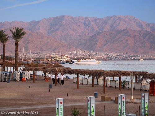 The north end of the Gulf of Eilat.Aqabah. The view is to the east and the city of Aqabah, Jordan. Tell el-Kheleifeh is only a few blocks north of the shore. Photo by Ferrell Jenkins.