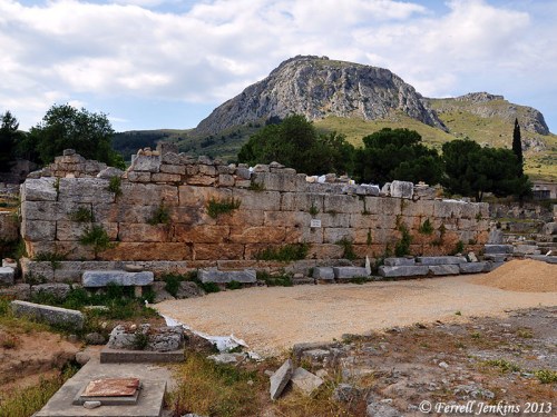 The bema in the agora of Corinth. The Acrocorinth is in the distance. Photo by Ferrell Jenkins.