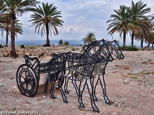 Metal sculpture of horses and chariot at Megiddo. Photo by Ferrell Jenkins.