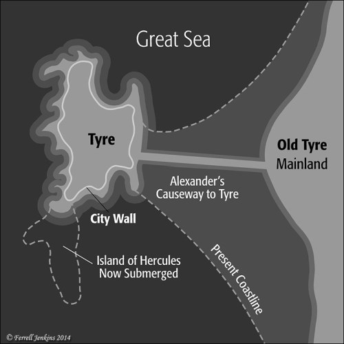 The mainland has not been rebuilt since the destruction by Nebuchadnezzar and the Babylonians (585-572 B.C.).