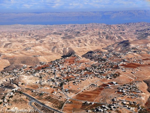 Aerial view east across the wilderness of Judah and the Dead Sea to the Transjordan Plateau. Photo by Ferrell Jenkins.