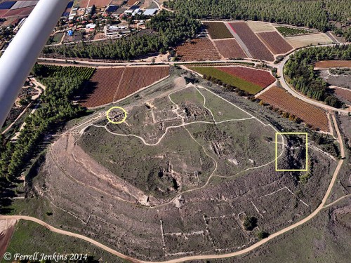 Aerial view of Lachish showing Iron Age gate (oval), and the earlier gate (rectangle). Photo by Ferrell Jenkins.