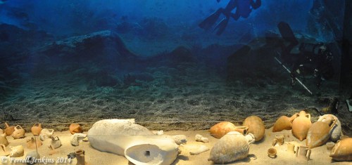 Pottery and the cast of a horse on the sea bottom at Antikythera. 