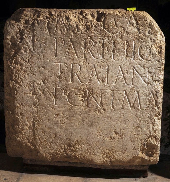 Part of the Hadrian inscription discovered in the late 19th century by Clermont Ganneau, now located in Studium Biblicum Franciscanum Museum. Photo by Garo Nalbandian, courtesy of the Museum.