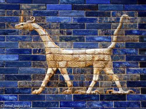 Dragon made of chrome brick on the Ishtar Gate. (Museum of the Ancient Near East, Berlin). The dragon is a composite creature with the head of a fire-spewing dragon, body and tail of a serpent, front feet of a feline, and back feet of a bird. This provides a good illustration of the apocalyptic language found in the Old Testament prophets. Photo by Ferrell Jenkins.