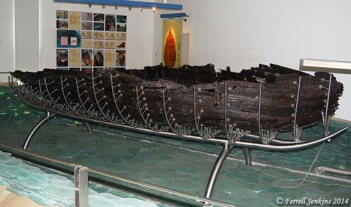 The Roman boat displayed in the Yigal Allon Museum. Photo by Ferrell Jenkins.